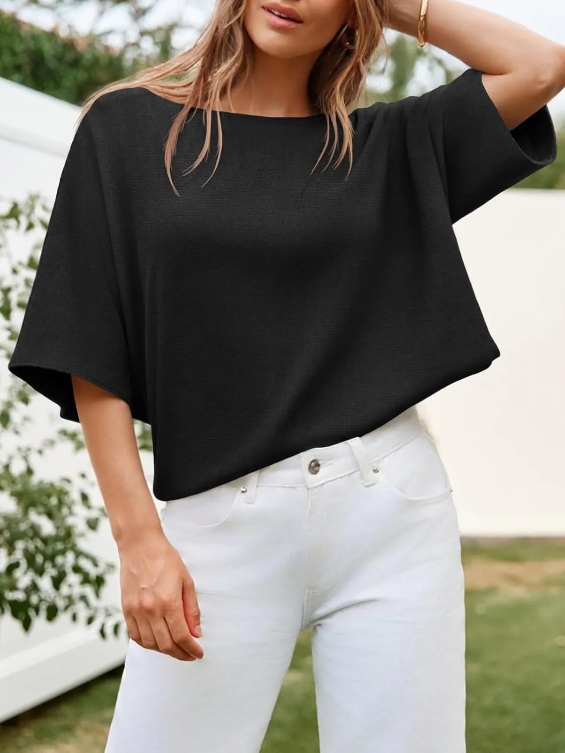 Cicy Bell Womens Half Sleeve Sweaters Oversized Boat Neck Knitted Pullover Sweater Trendy Casual Loose Fit Fall Tops
