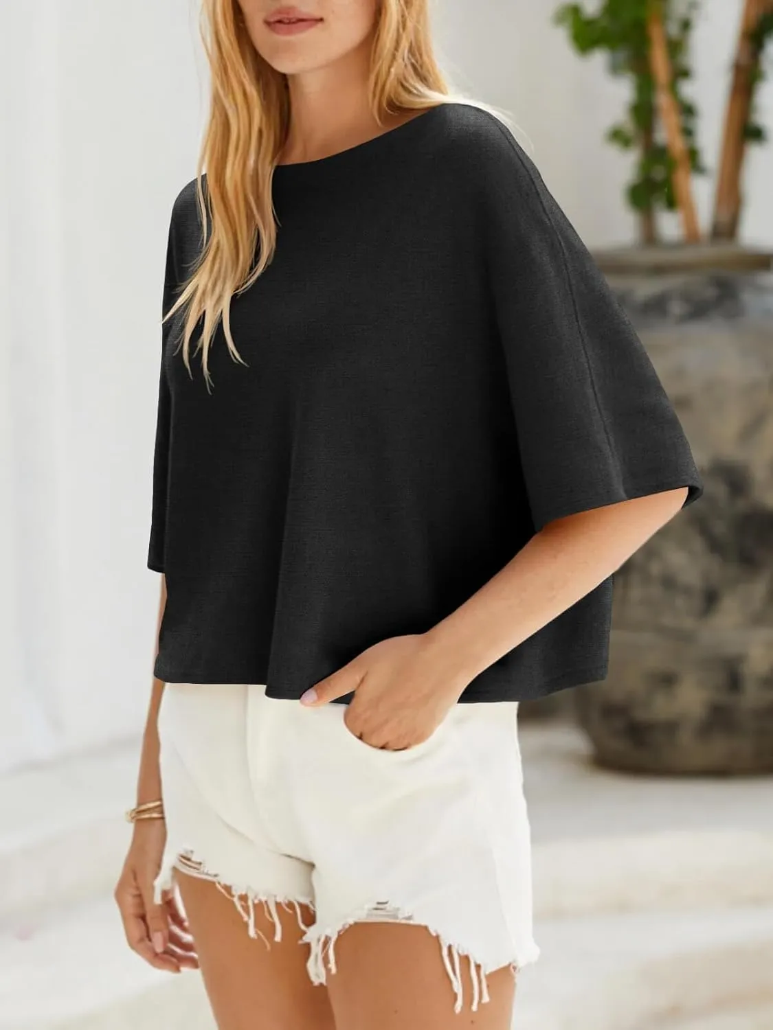 Cicy Bell Womens Half Sleeve Sweaters Oversized Boat Neck Knitted Pullover Sweater Trendy Casual Loose Fit Fall Tops