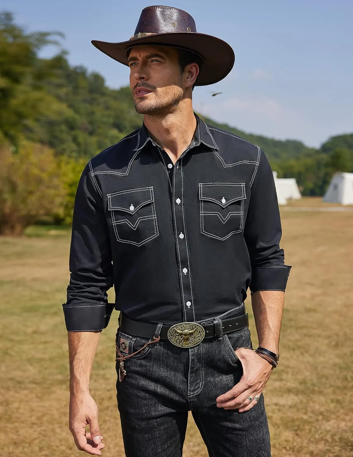 COOFANDY Men's Western Cowboy Shirts Long Sleeve Cotton Casual Button Down Work Shirt with Pockets