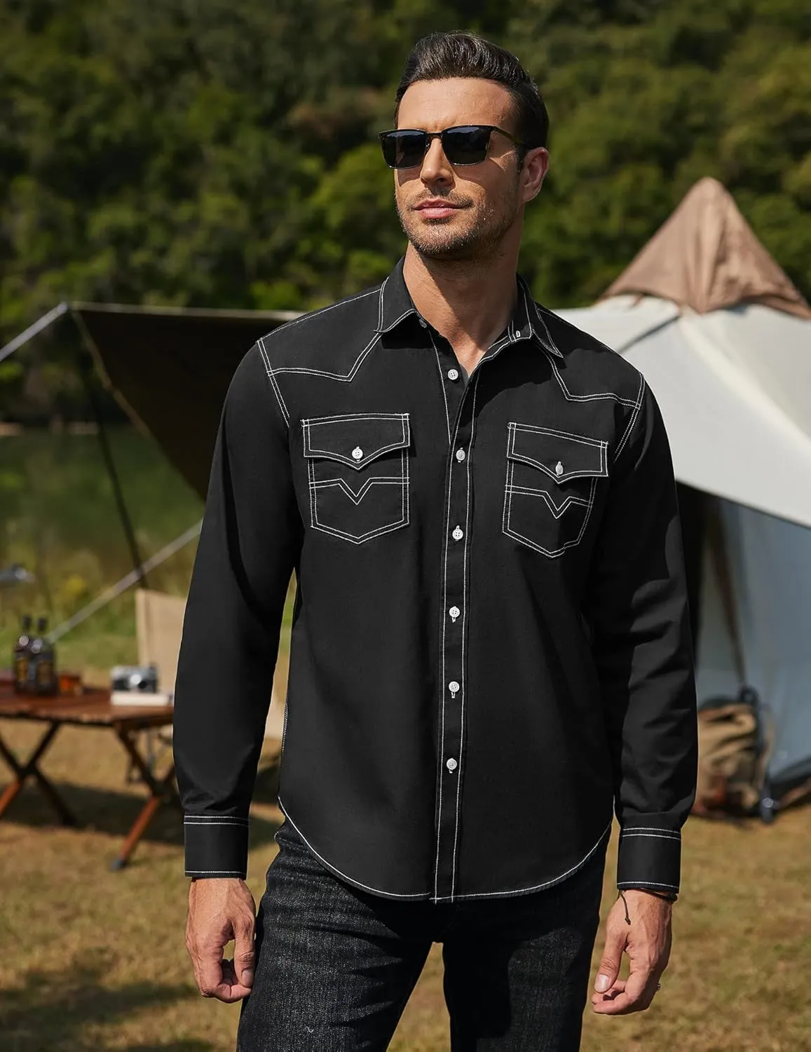 COOFANDY Men's Western Cowboy Shirts Long Sleeve Cotton Casual Button Down Work Shirt with Pockets