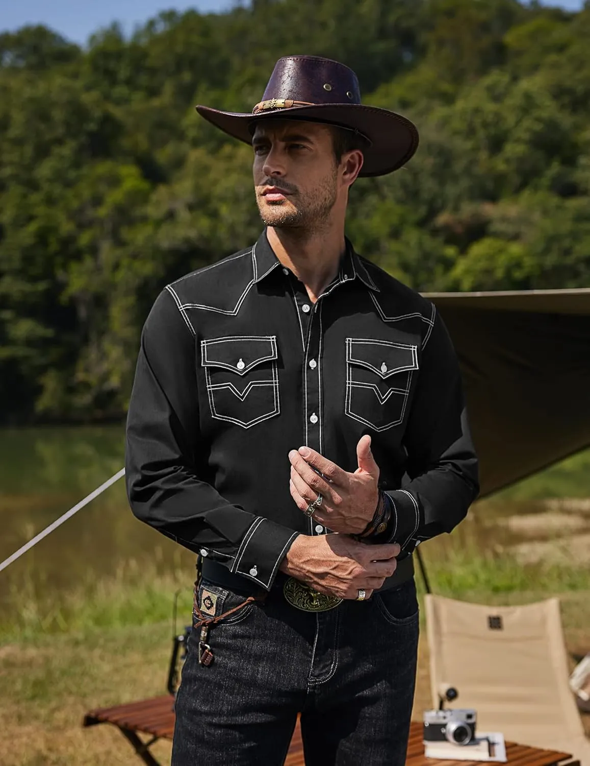 COOFANDY Men's Western Cowboy Shirts Long Sleeve Cotton Casual Button Down Work Shirt with Pockets