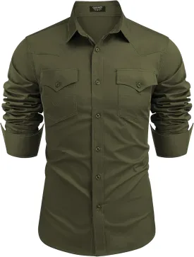 COOFANDY Men's Western Cowboy Shirts Long Sleeve Cotton Casual Button Down Work Shirt with Pockets