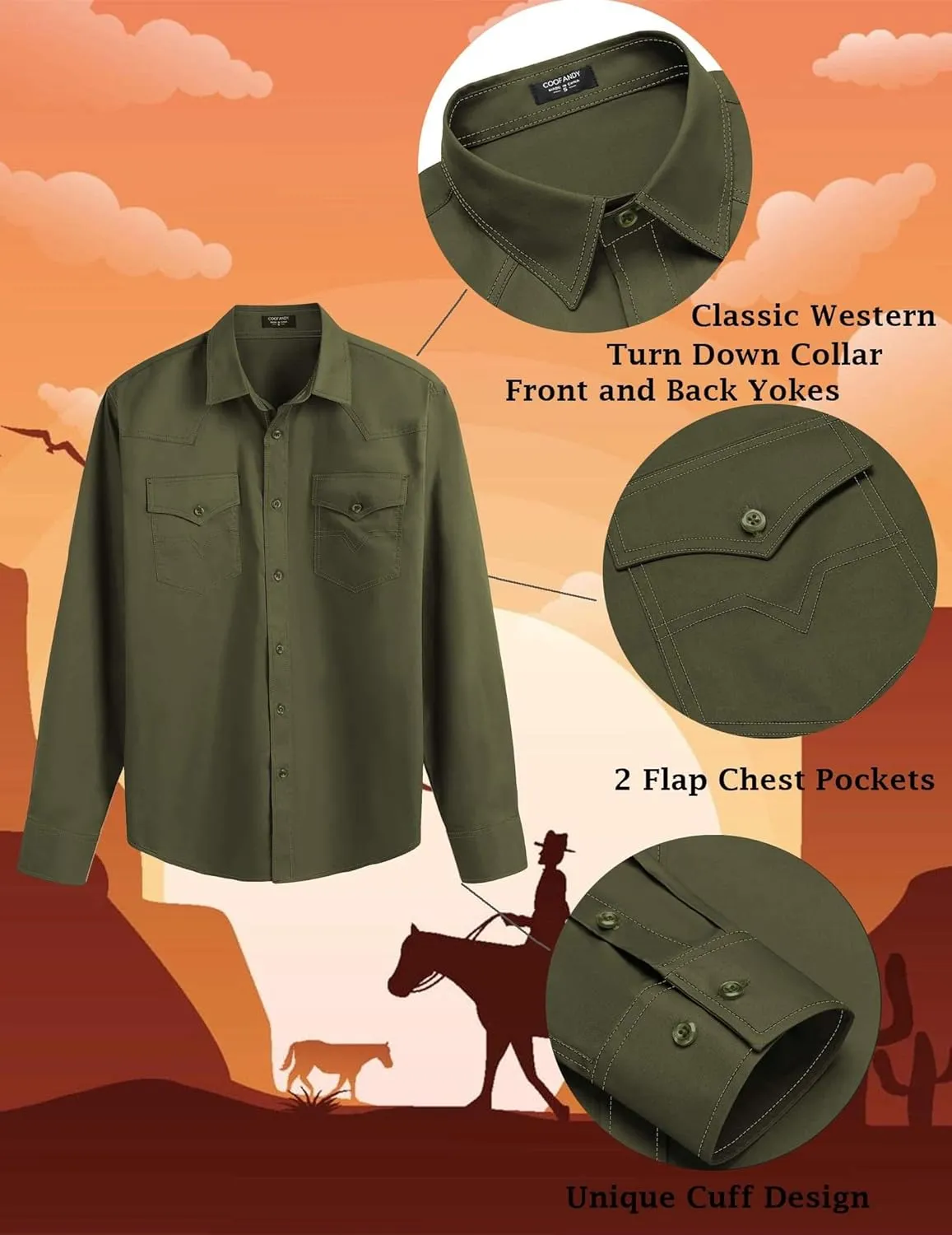 COOFANDY Men's Western Cowboy Shirts Long Sleeve Cotton Casual Button Down Work Shirt with Pockets