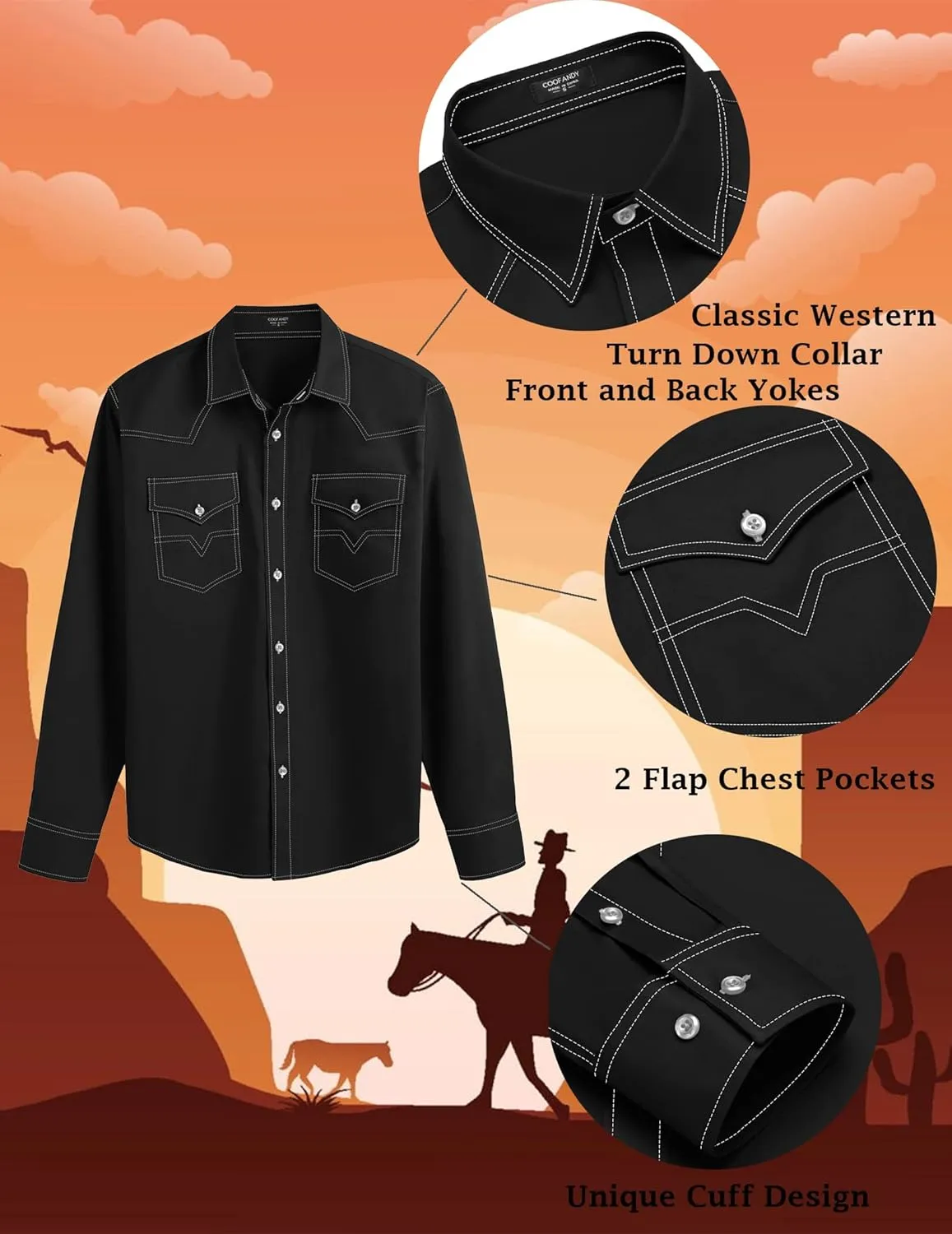 COOFANDY Men's Western Cowboy Shirts Long Sleeve Cotton Casual Button Down Work Shirt with Pockets