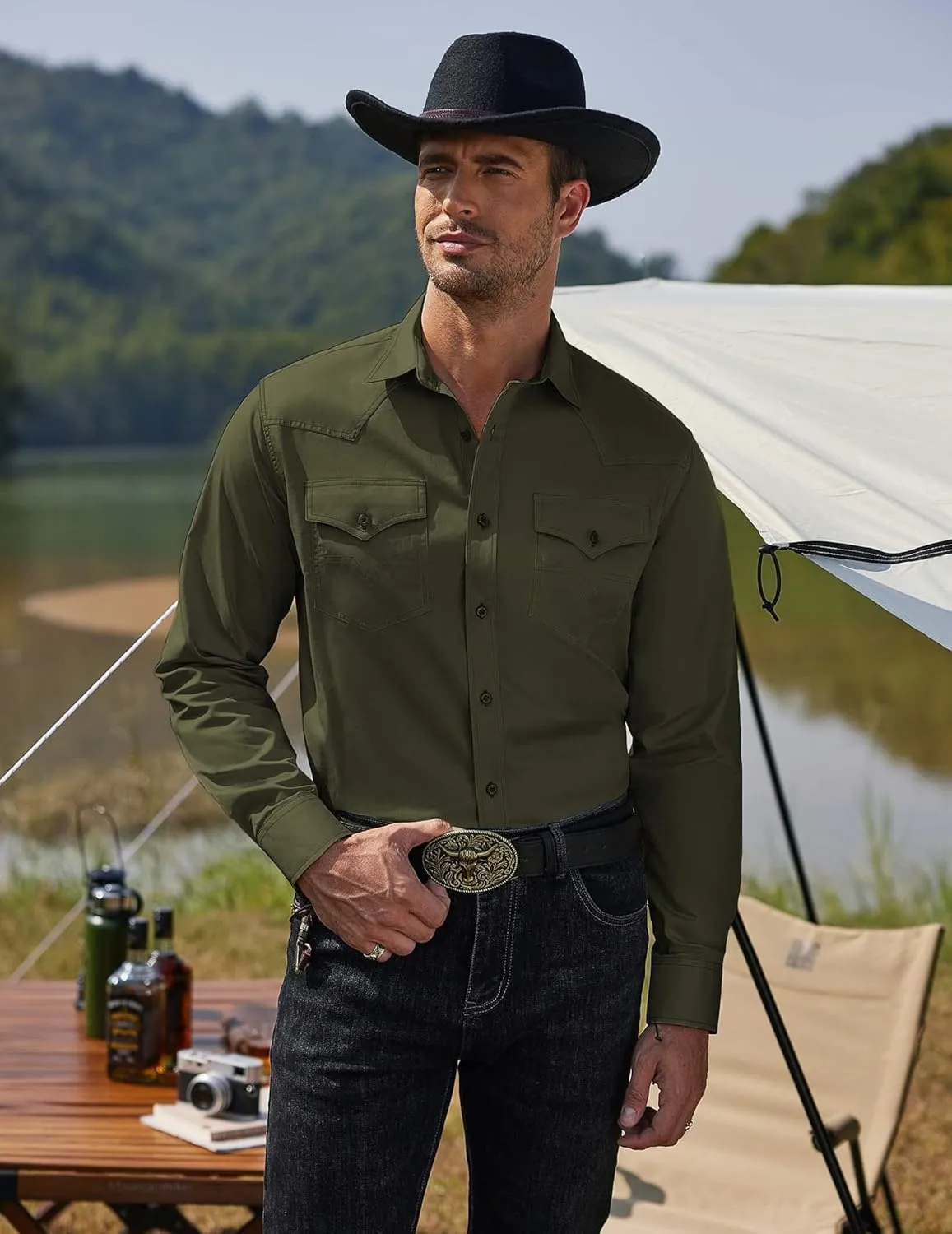 COOFANDY Men's Western Cowboy Shirts Long Sleeve Cotton Casual Button Down Work Shirt with Pockets