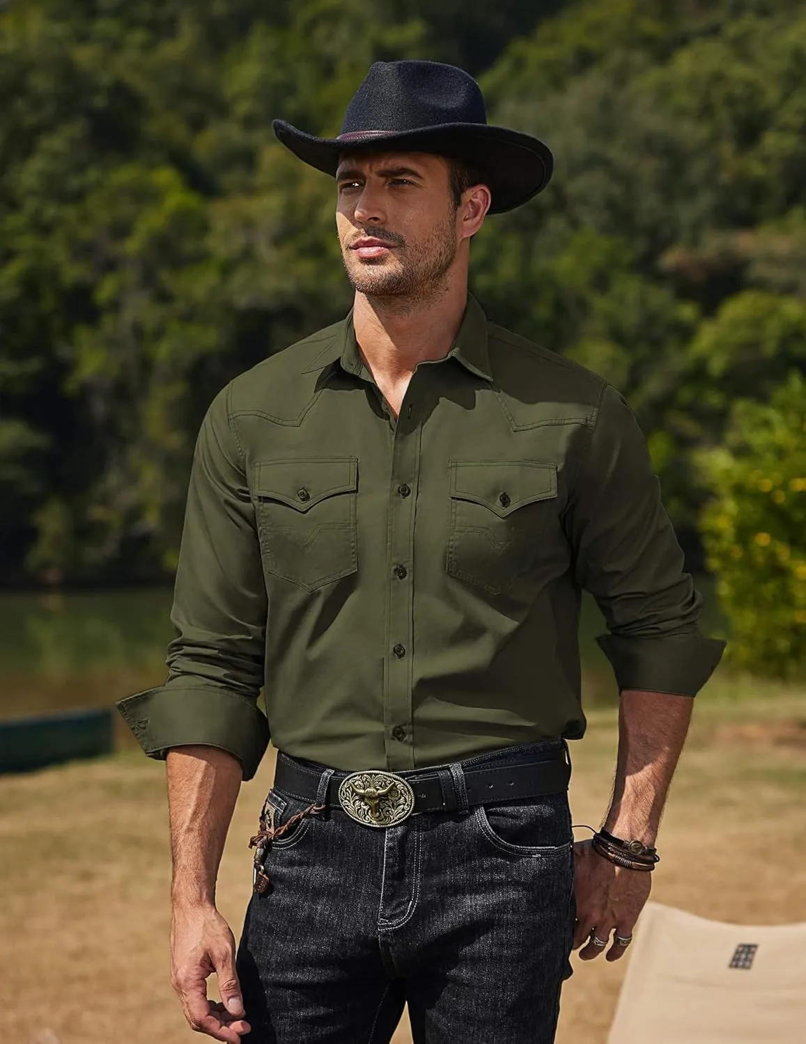 COOFANDY Men's Western Cowboy Shirts Long Sleeve Cotton Casual Button Down Work Shirt with Pockets
