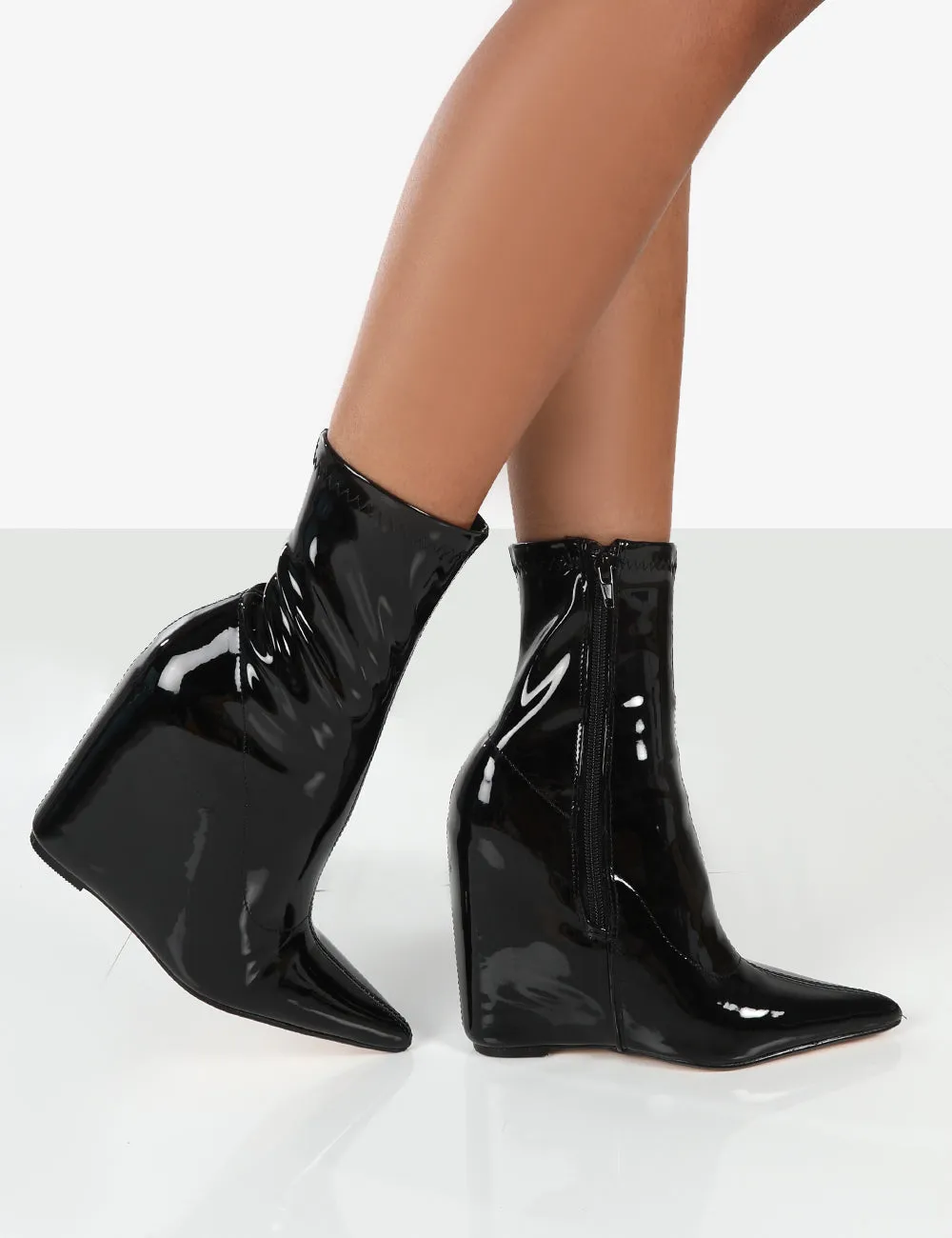 Getaway Black Patent Wedge Ankle Boots