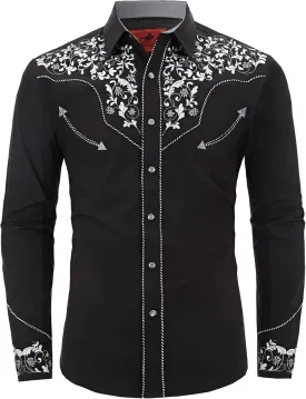 Men's Western Cowboy Shirt Embroidered Long Sleeve Casual Button Down Shirt