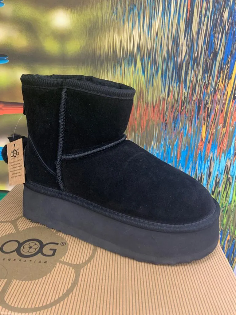 OB5864 Mini Designer Boots aus Leder, Lammfell mit Plateau Sohle