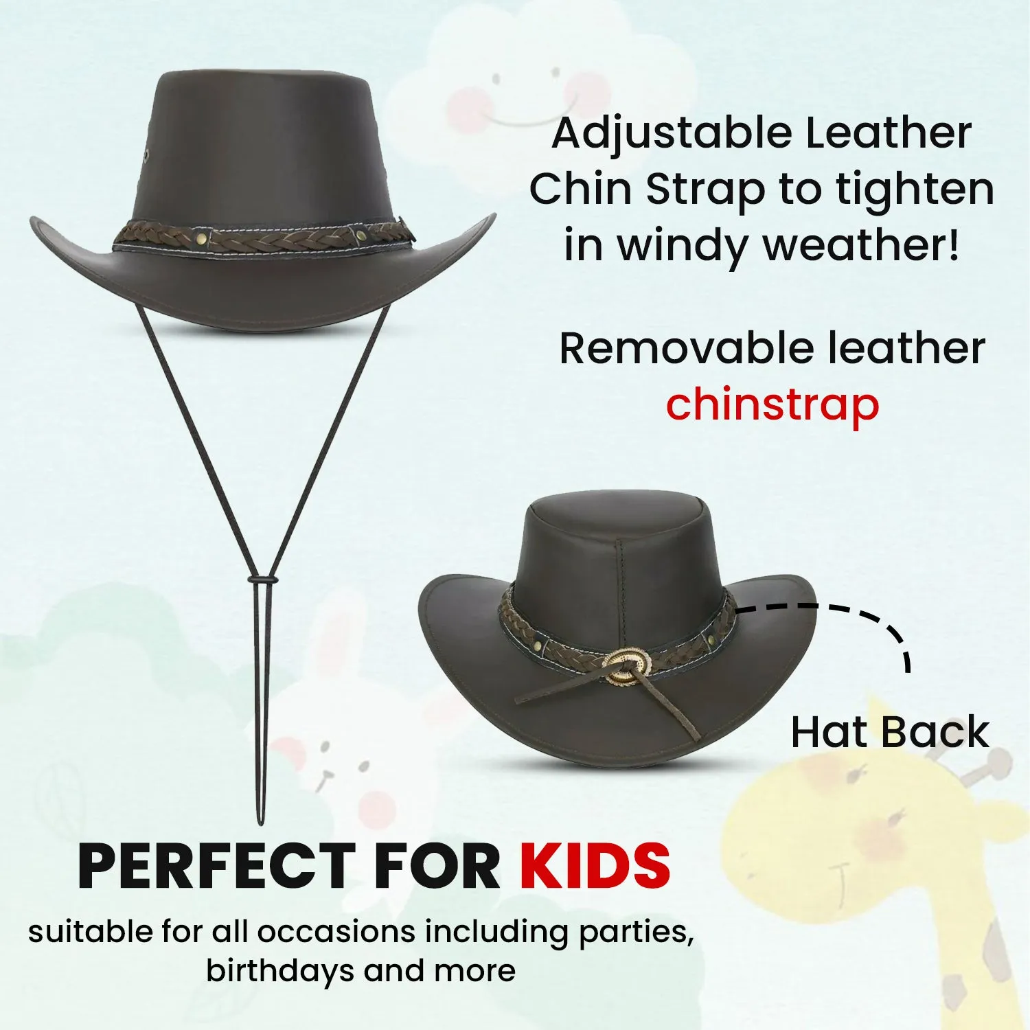 Oiled Leather Kids Hat Aussie Bush Style Classic Western Outback Girls/Boy Kids Hat