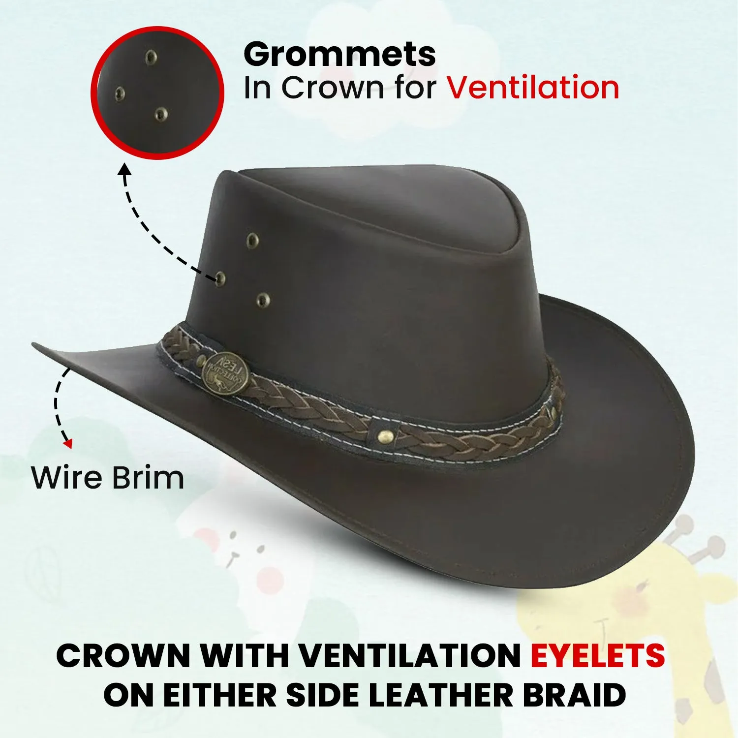 Oiled Leather Kids Hat Aussie Bush Style Classic Western Outback Girls/Boy Kids Hat