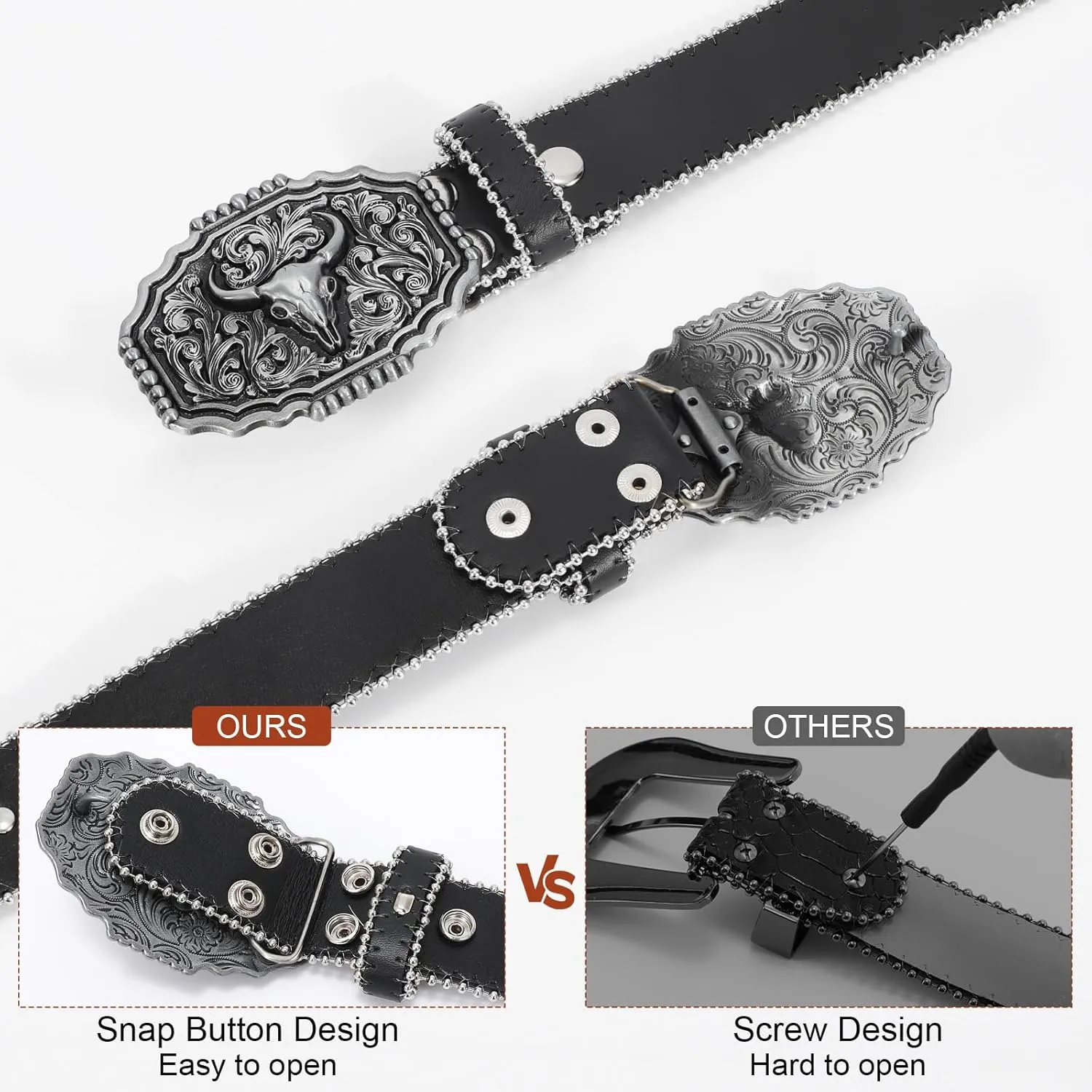 Punk & Cowboy Belts for Men & Women, PU Leather Western Punk Rock Belt with Western Bull Buckle
