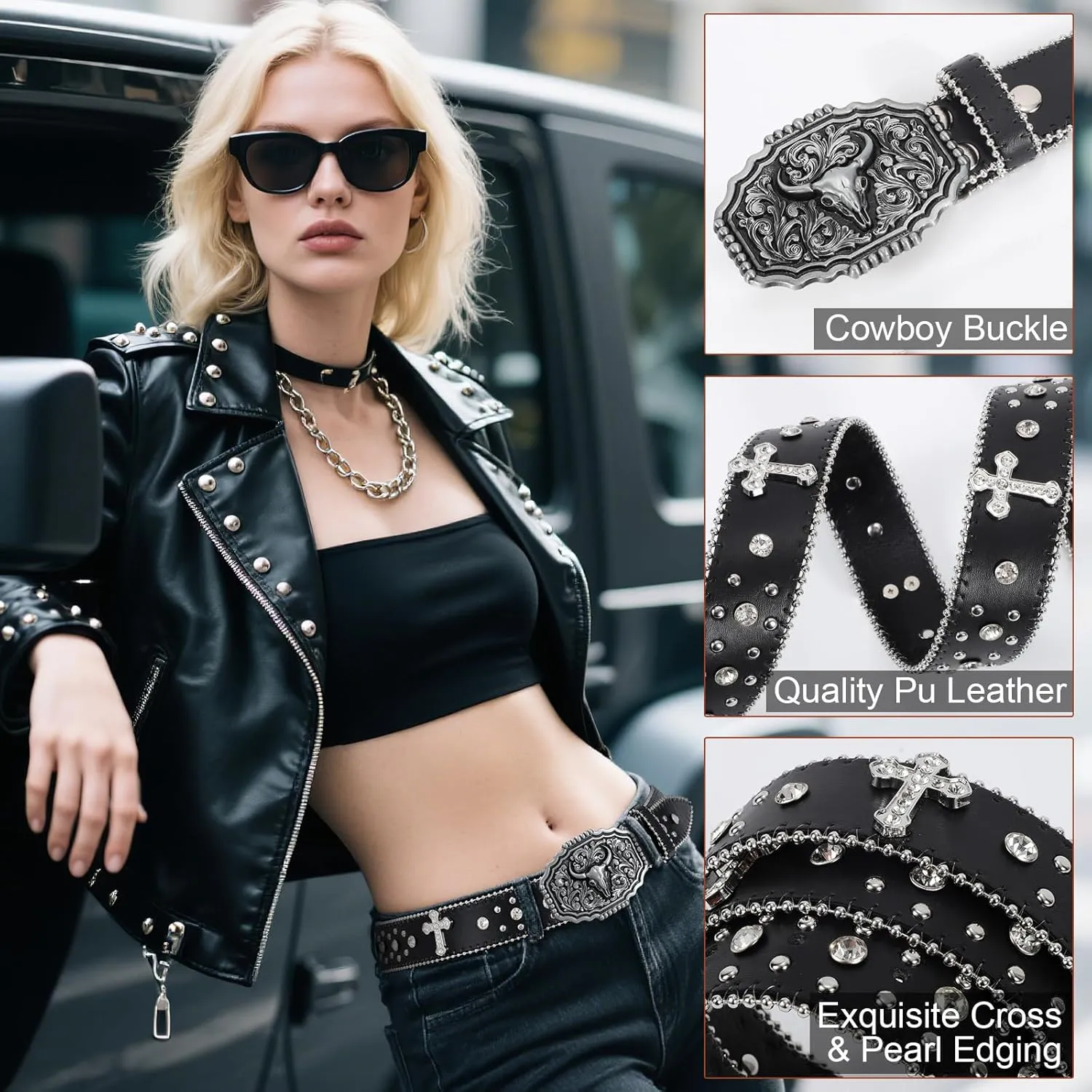 Punk & Cowboy Belts for Men & Women, PU Leather Western Punk Rock Belt with Western Bull Buckle