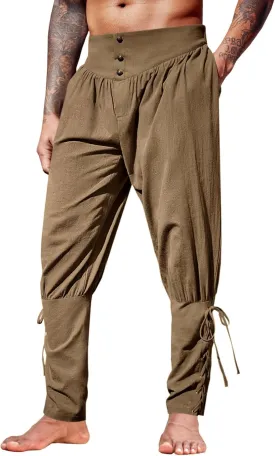 Runcati Mens Medieval Ankle Pants Renaissance Viking Pirate Lace Up Tapered Halloween Linen Costume Trousers