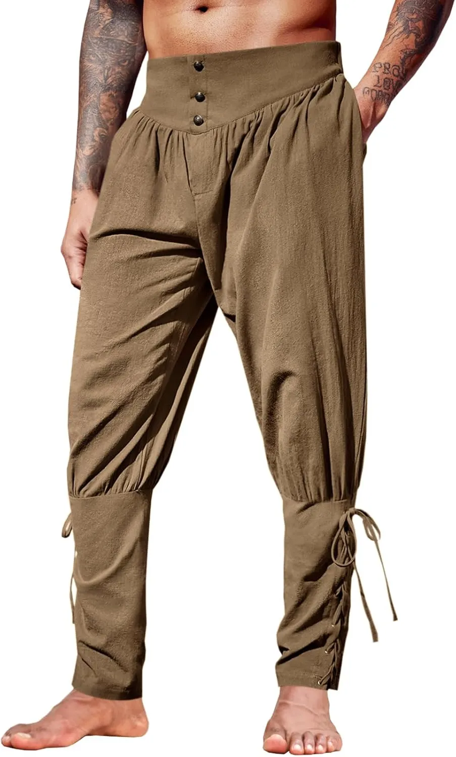 Runcati Mens Medieval Ankle Pants Renaissance Viking Pirate Lace Up Tapered Halloween Linen Costume Trousers