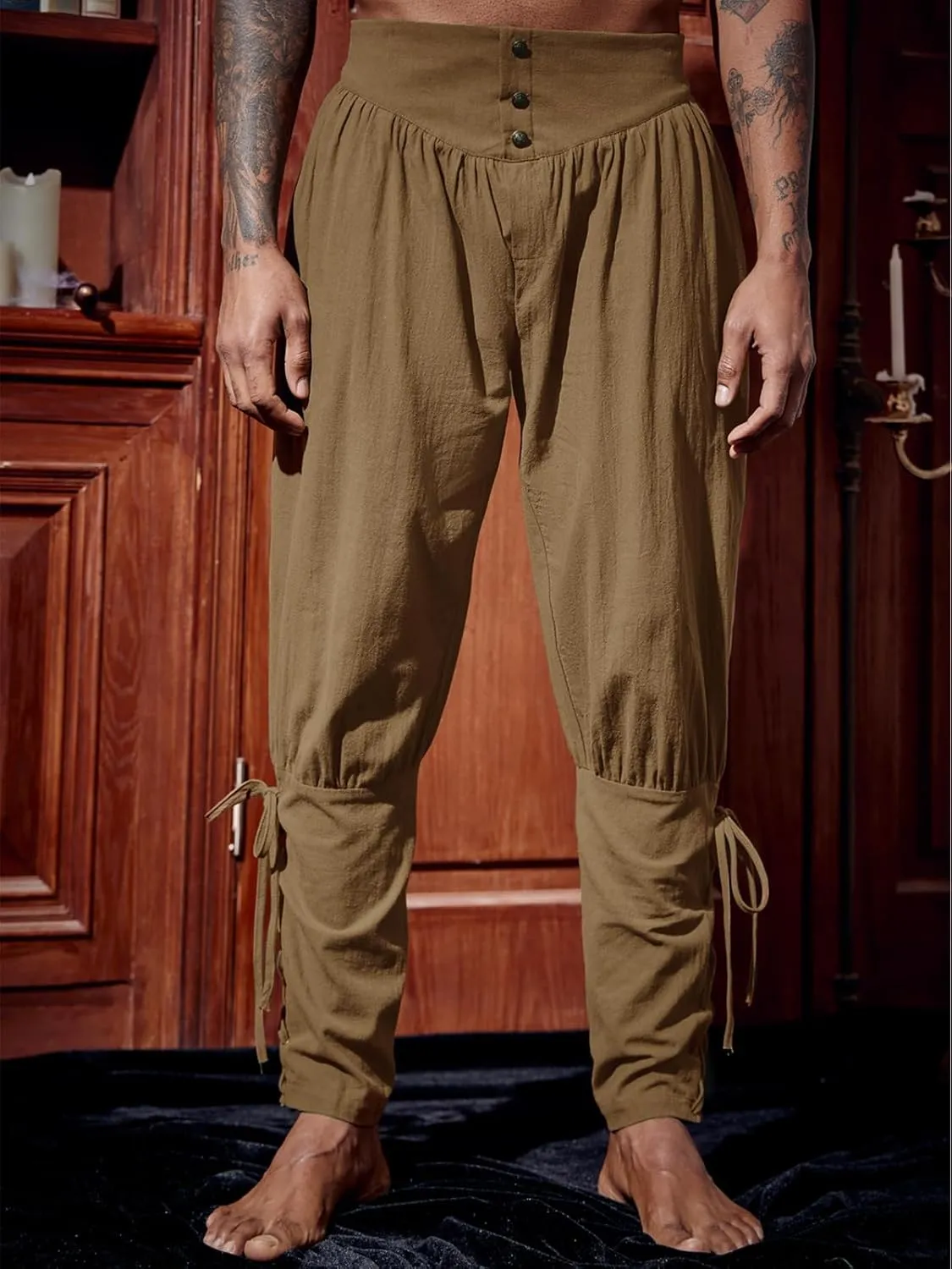 Runcati Mens Medieval Ankle Pants Renaissance Viking Pirate Lace Up Tapered Halloween Linen Costume Trousers