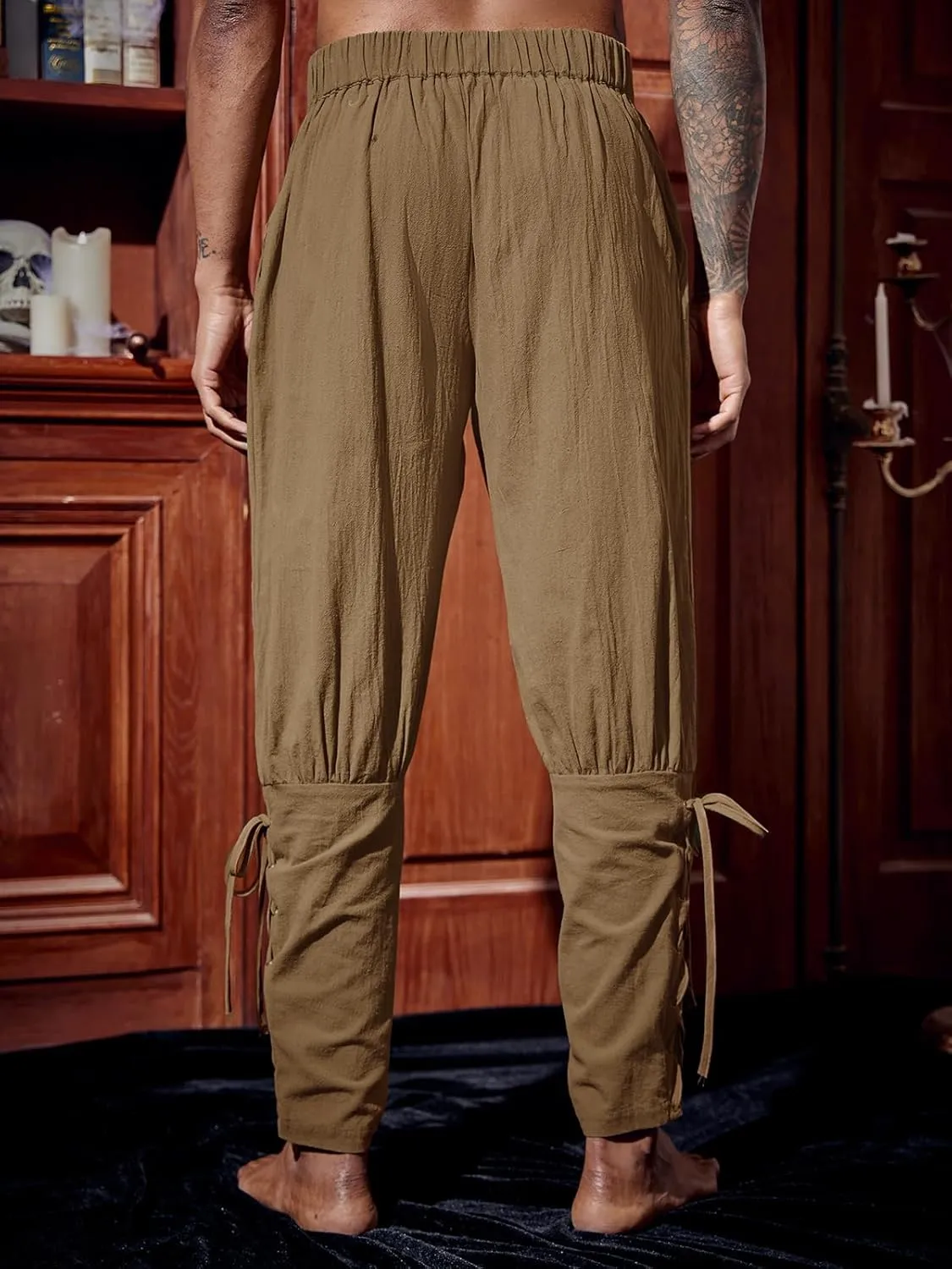 Runcati Mens Medieval Ankle Pants Renaissance Viking Pirate Lace Up Tapered Halloween Linen Costume Trousers