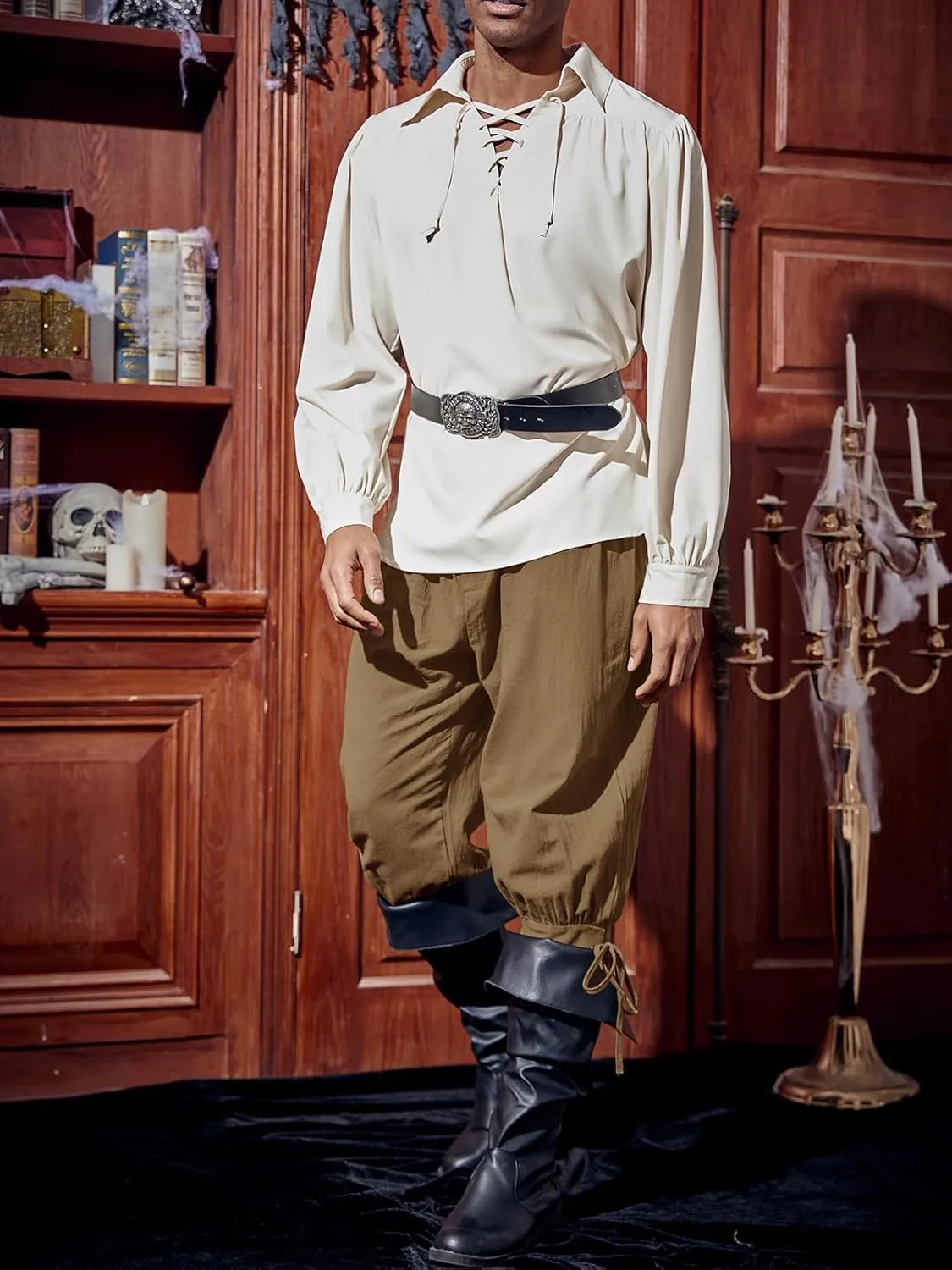 Runcati Mens Medieval Ankle Pants Renaissance Viking Pirate Lace Up Tapered Halloween Linen Costume Trousers