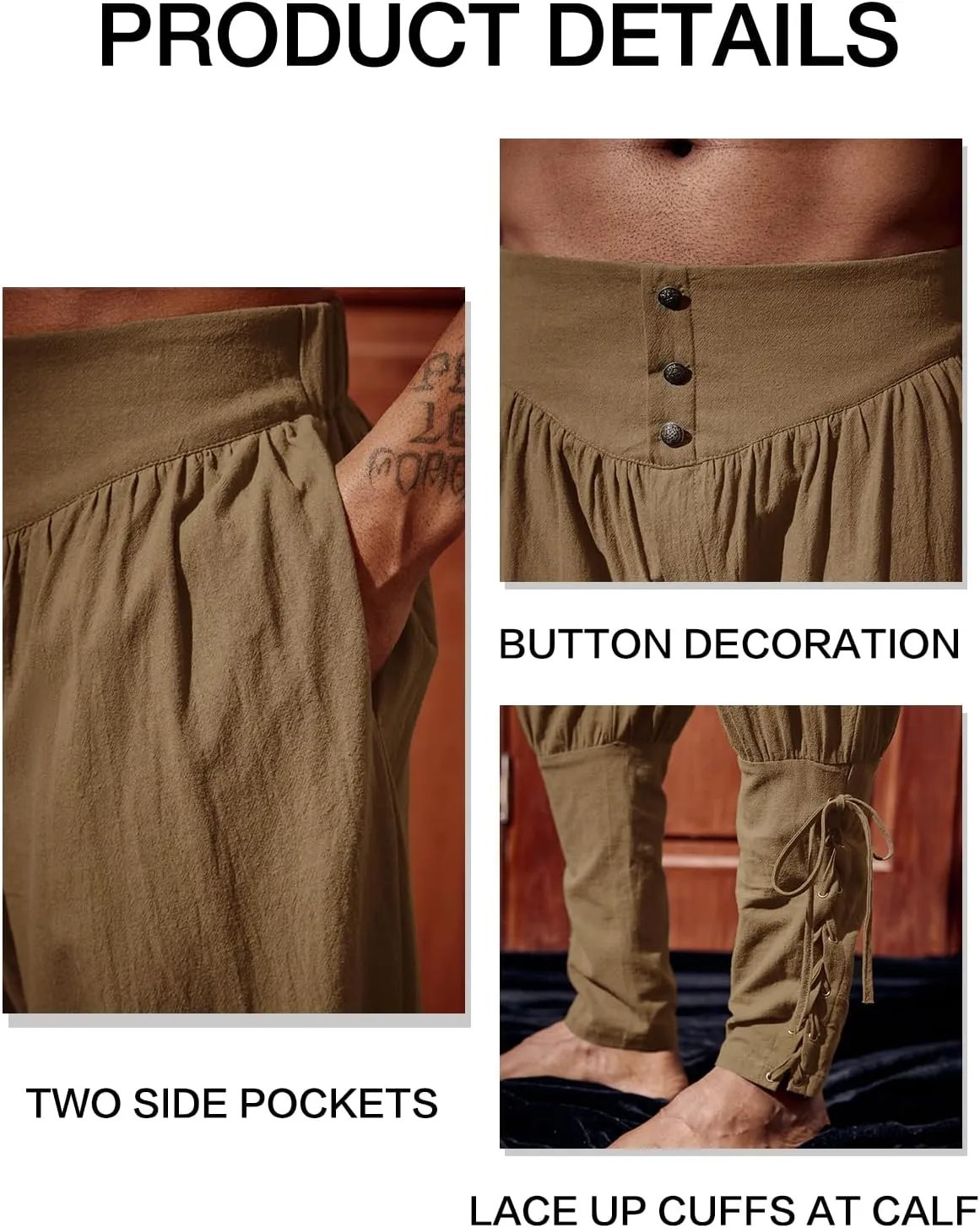 Runcati Mens Medieval Ankle Pants Renaissance Viking Pirate Lace Up Tapered Halloween Linen Costume Trousers