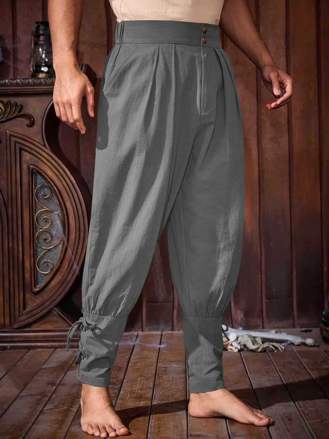 Runcati Mens Medieval Ankle Pants Renaissance Viking Pirate Pants Lace Up Cotton Tapered Halloween Costume Trousers