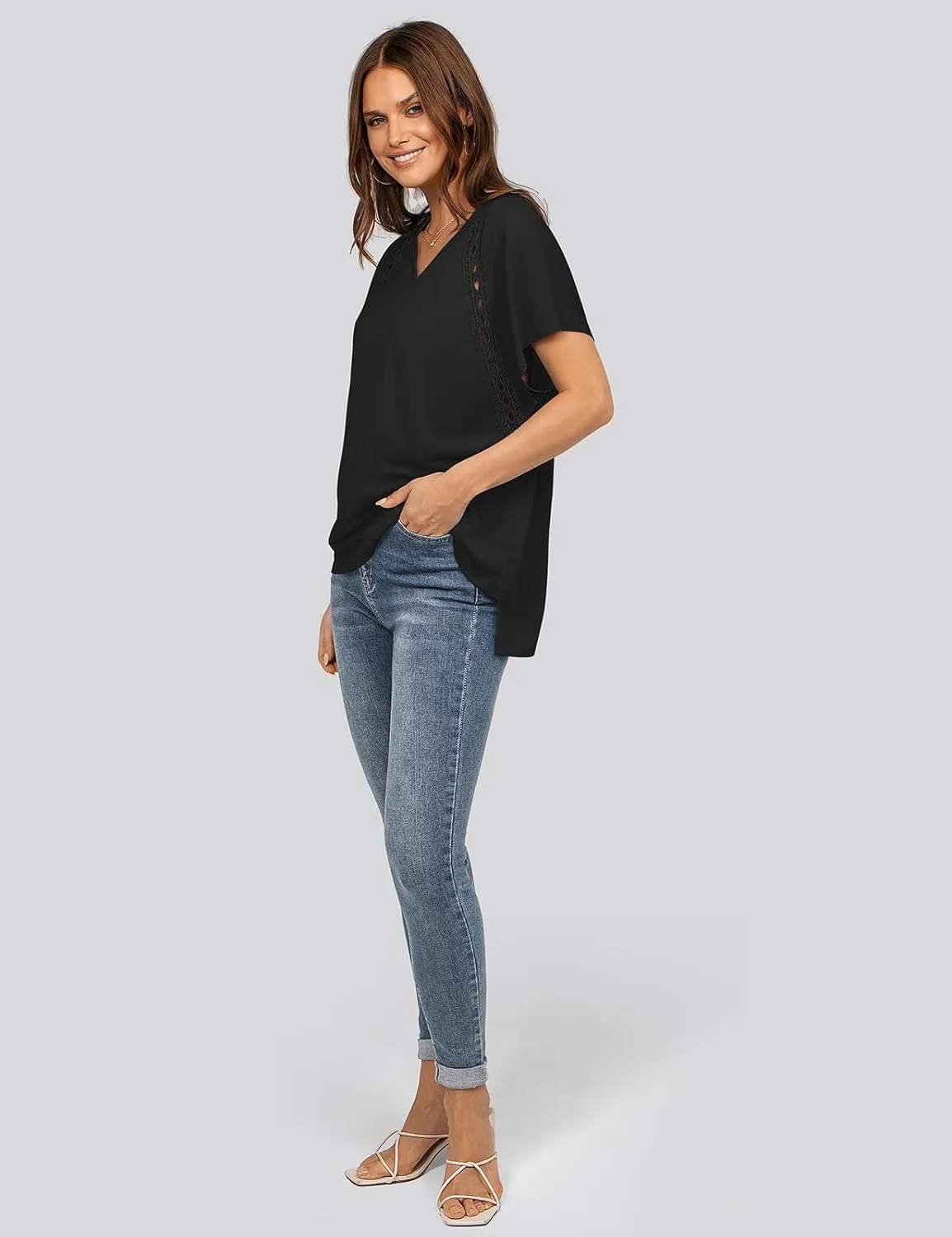 UEU Womens Summer Short Dolman Sleeves V Neck Casual Oversized Tops T Shirts Trendy Loose Lace Flowy Blouses Tee Tshirts