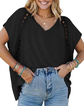 UEU Womens Summer Short Dolman Sleeves V Neck Casual Oversized Tops T Shirts Trendy Loose Lace Flowy Blouses Tee Tshirts