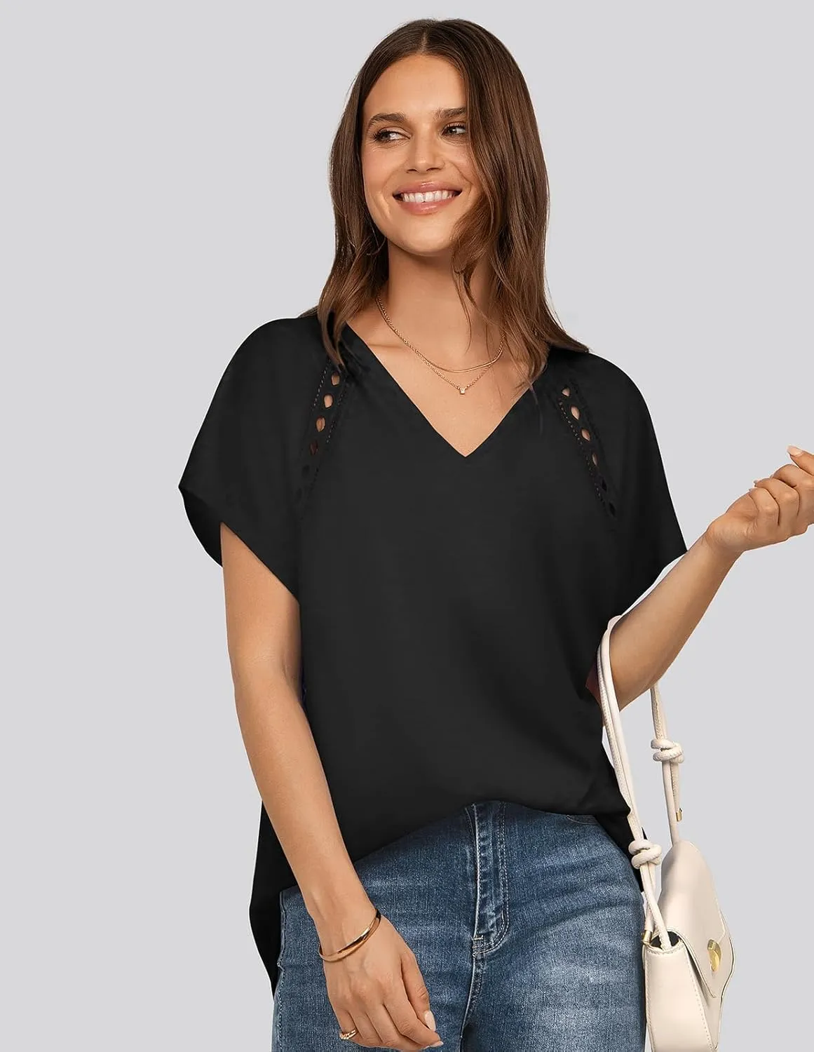 UEU Womens Summer Short Dolman Sleeves V Neck Casual Oversized Tops T Shirts Trendy Loose Lace Flowy Blouses Tee Tshirts