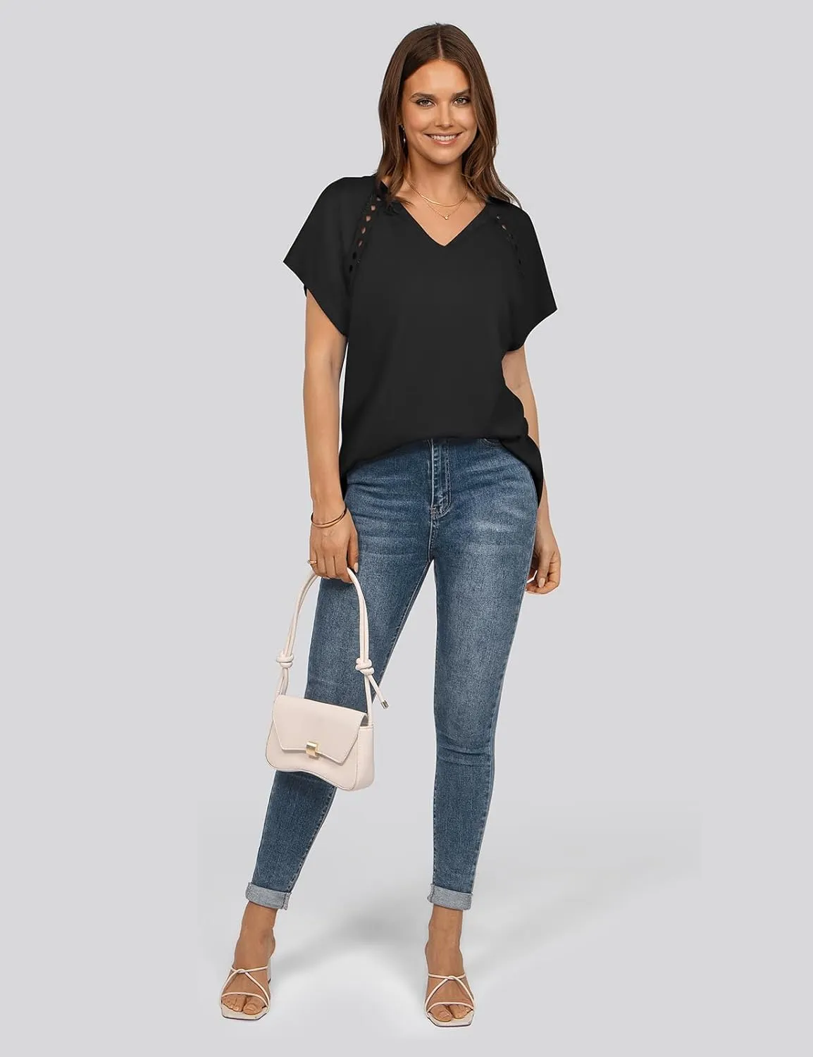 UEU Womens Summer Short Dolman Sleeves V Neck Casual Oversized Tops T Shirts Trendy Loose Lace Flowy Blouses Tee Tshirts