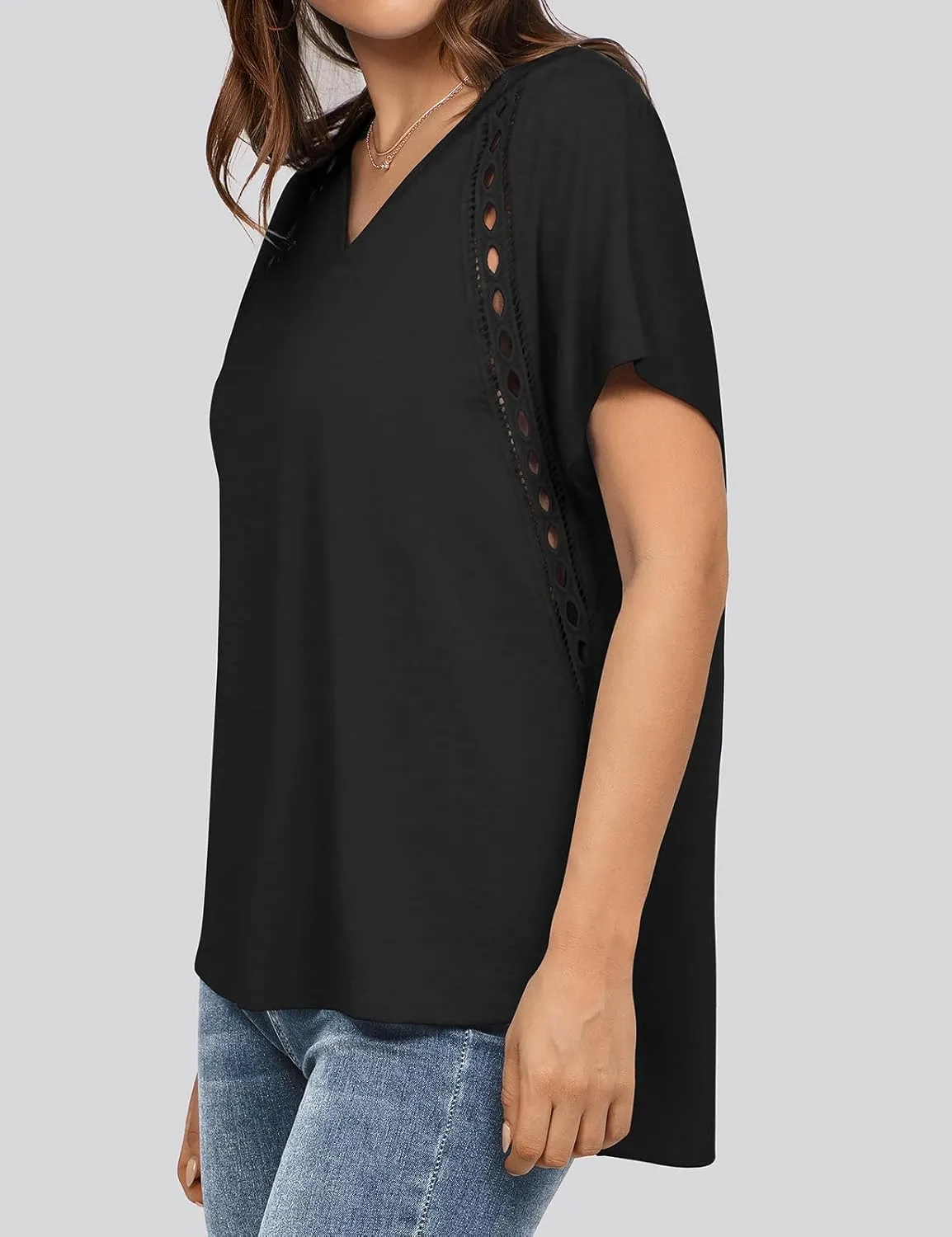 UEU Womens Summer Short Dolman Sleeves V Neck Casual Oversized Tops T Shirts Trendy Loose Lace Flowy Blouses Tee Tshirts