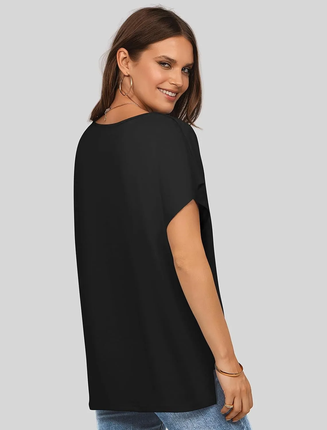 UEU Womens Summer Short Dolman Sleeves V Neck Casual Oversized Tops T Shirts Trendy Loose Lace Flowy Blouses Tee Tshirts